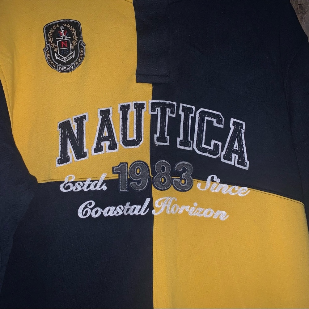 Men’s XXL NAUTICA Navy Yellow Color Block 1983 Coastal Horizon Zip Sweatshirt EC - Picture 7 of 15